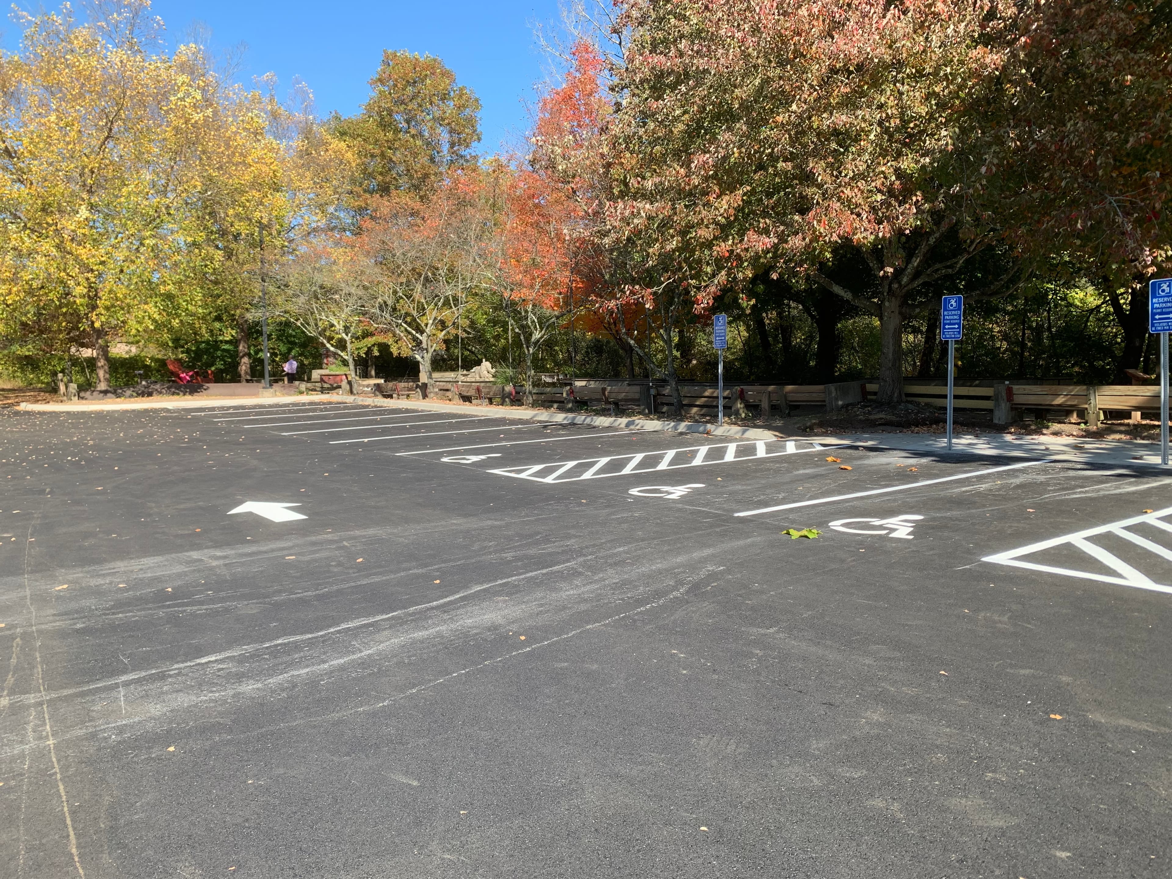 Ground-level view of ADA accessible parking stalls with hatching in Hamden CT