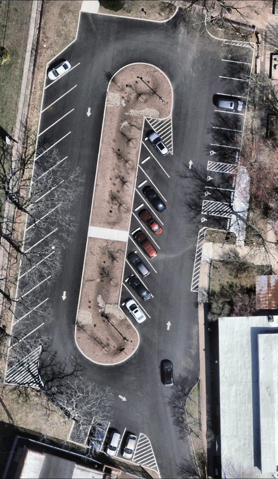 Aerial view of Hamden CT municipal parking lot after full pavement markings layout with angled parking