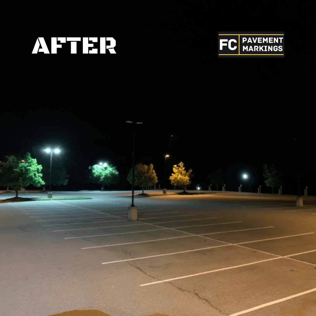 Main lot angled view after re-stripe with clear parking stalls and traffic lanes